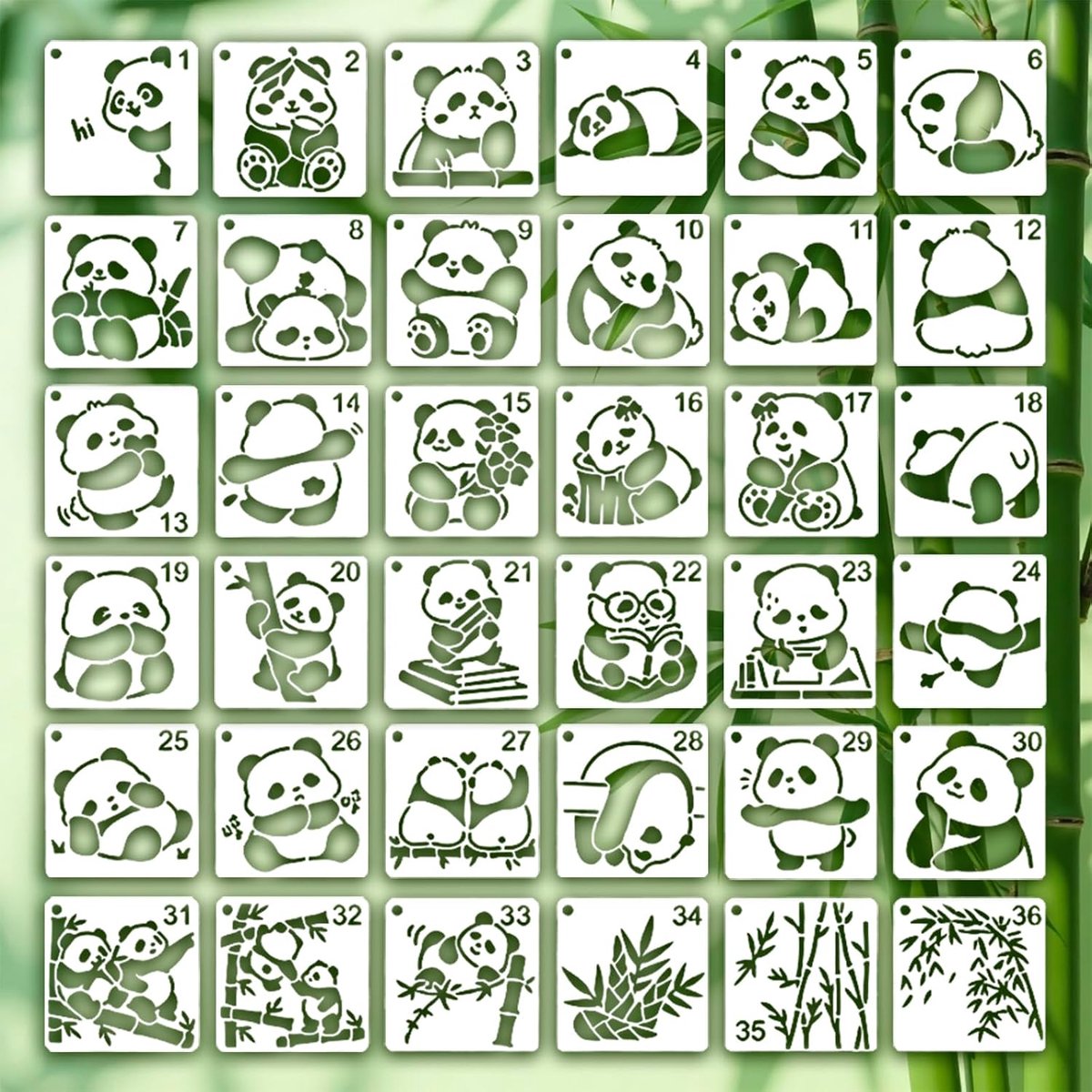 PALUMMA 32 stuks Panda Bamboe Grove Schilderen Stencil voor Schilderen, Herbruikbare DIY Leuke Cartoon Dier Thema - ShopVlot