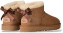 Twee bruine UGG Ultra Mini Bailey Bow laarzen met strikken en logo labels op de achterkant.