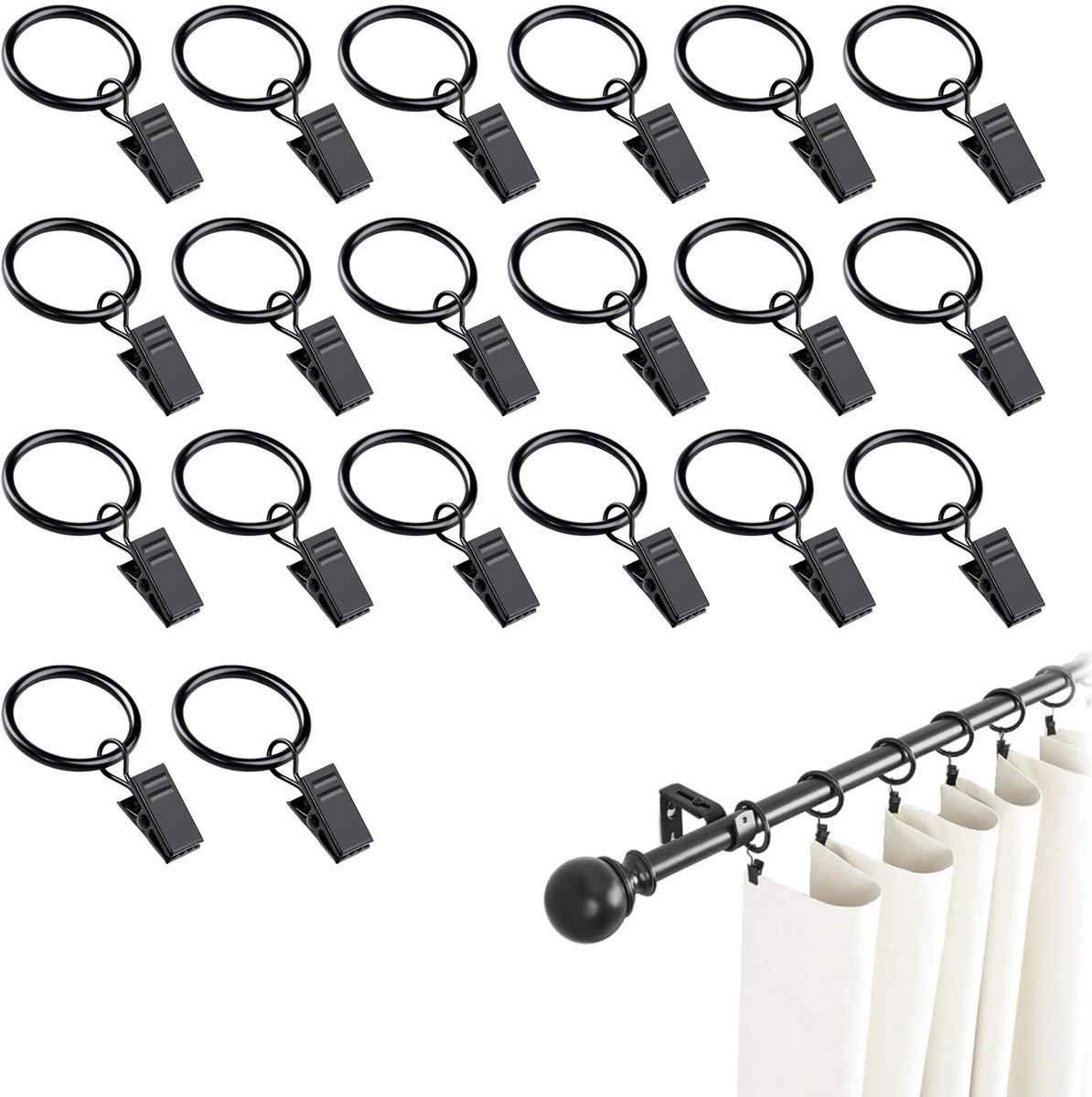 Metalen gordijnringen 32 mm - zwarte open gordijnringen - met clips - ideaal voor douche- en raamgordijnen - ShopVlot