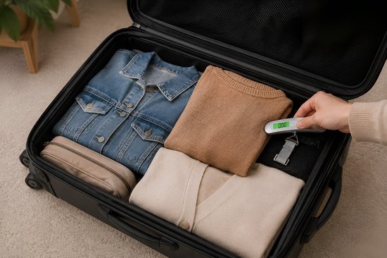 Een hand houdt een zilverkleurige digitale bagageweegschaal met grijze lus boven een open zwarte koffer gevuld met kleding.