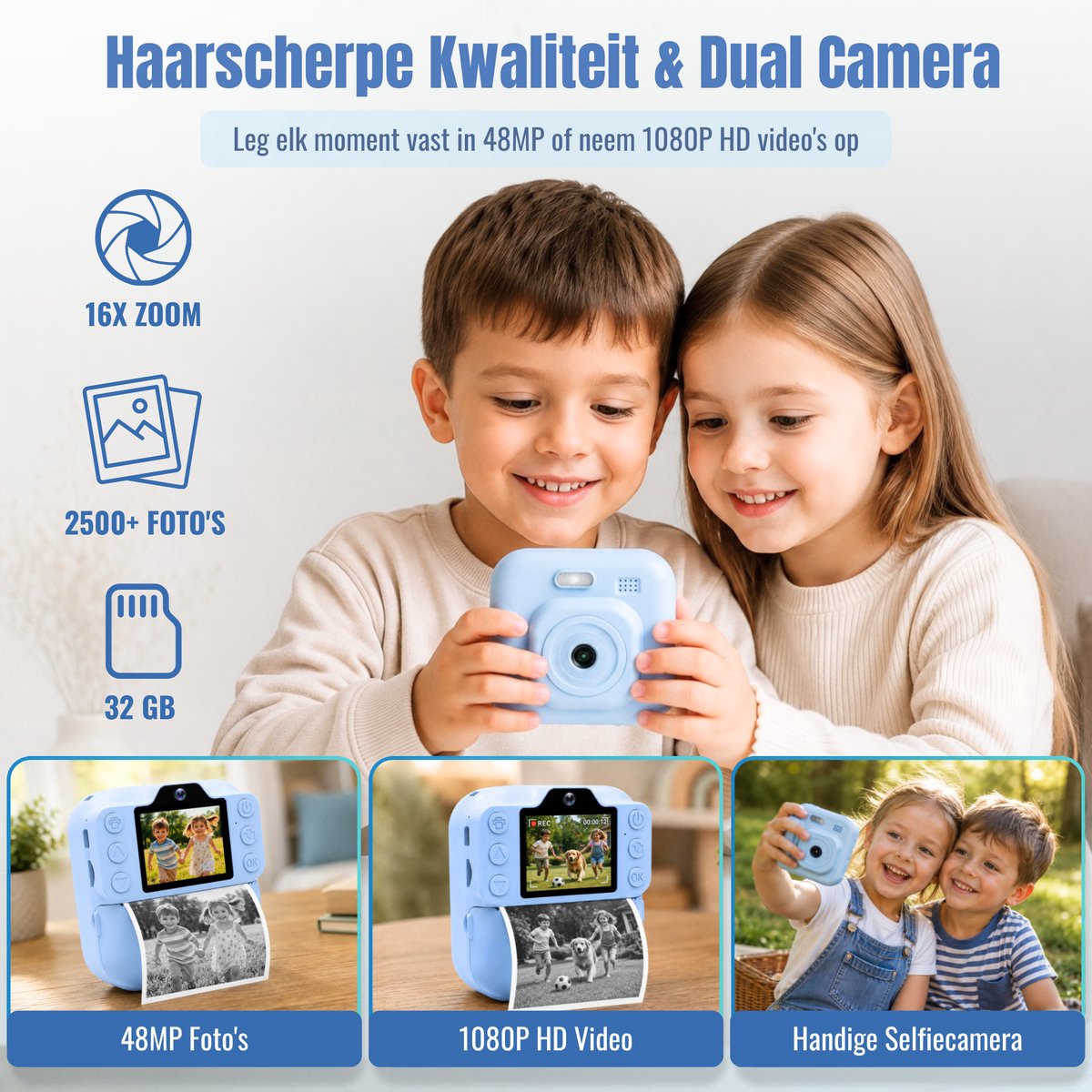 Impressora Térmica - Grote Kindercamera met foto printer - Digitale Camera Kinderen - Instant camera - Kinderfototoestel - SpeelgoedCamera - Mini printer - 48MP - Inclusief Cameratas + 4 papierrollen + 32GB sd kaart - Blauw — cadeau in Spellen & Speelgoed - foto 3