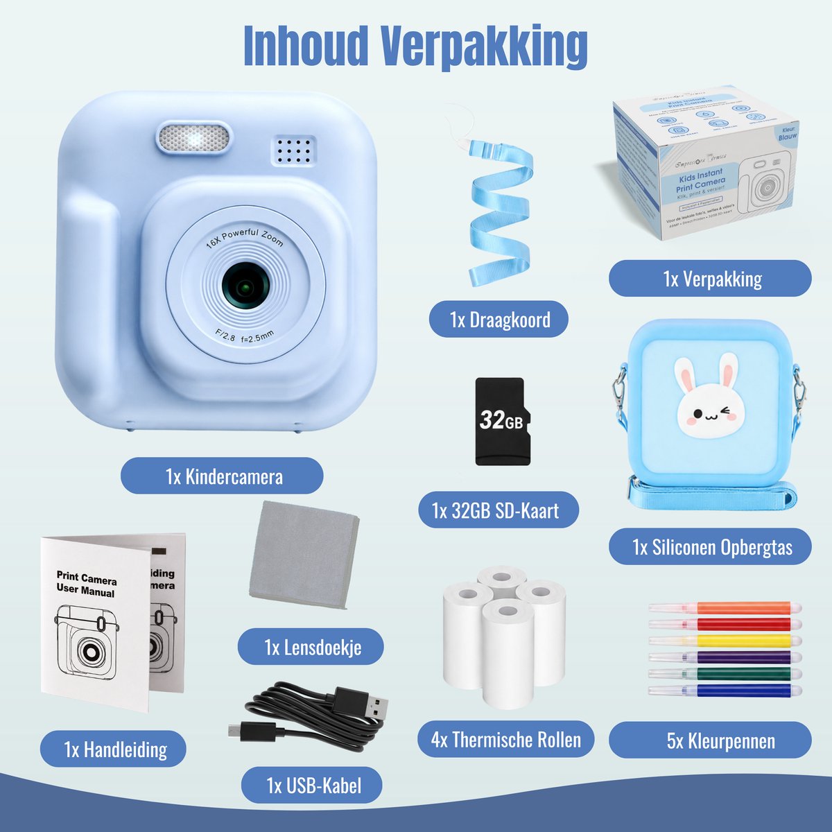 Impressora Térmica - Grote Kindercamera met foto printer - Digitale Camera Kinderen - Instant camera - Kinderfototoestel - SpeelgoedCamera - Mini printer - 48MP - Inclusief Cameratas + 4 papierrollen + 32GB sd kaart - Blauw — cadeau in Spellen & Speelgoed - foto 6