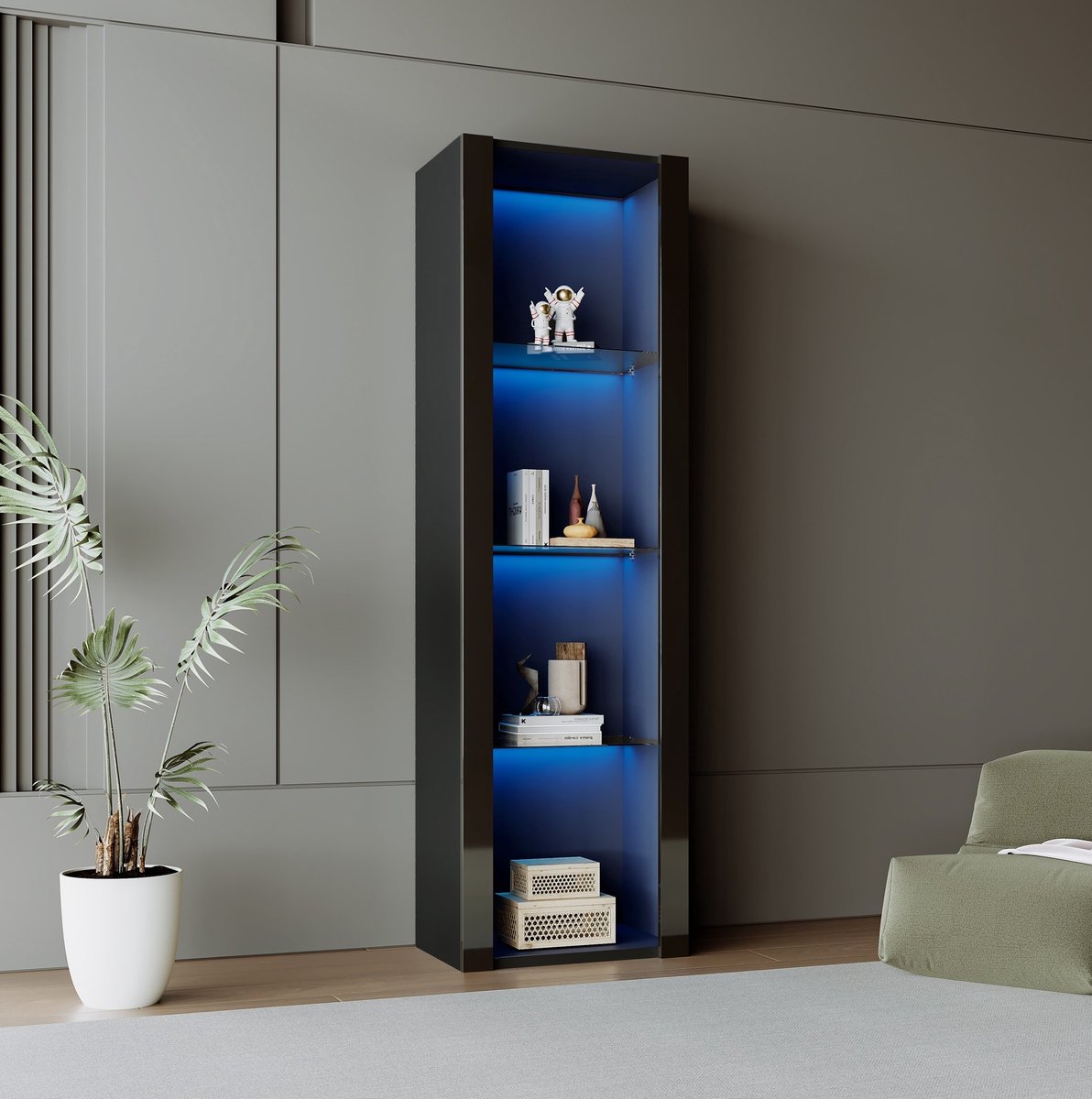 Vitrinekast Met Led Verlichting - Zwarte Hoogglans Met 3 Glazen Planken - Voor Woonkamer, Slaapkamer En Kantoor - Spaanplaat - 55x38x166 Cm