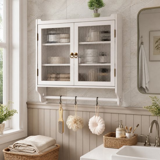 Witte wandkast met geribbelde glazen deuren, gouden knoppen, twee opbergvakken en een handdoekhouder.