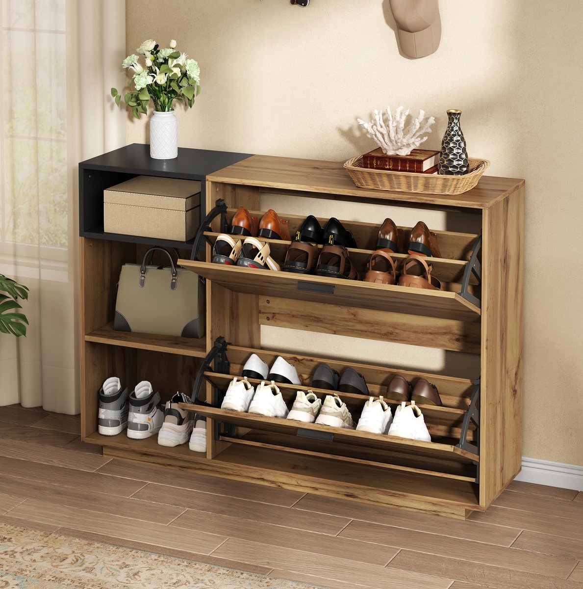 Schoenenkast Met 3 Open Vakken En 2 Klepvakken Voor 12 Paar Schoenen Houtlook Zwart 120 X 32 X 84,5 Cm