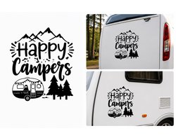 Happy Campers Sticker 30 cm – Camper Sticker – Caravan Sticker – Zwart – Camping Decoratie – Auto Sticker – Camper & Caravan Accessoires