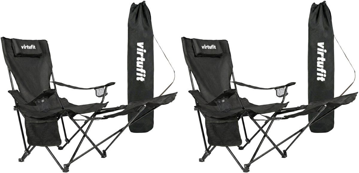 VirtuFit Opvouwbare Camping Stoel met Voetsteun - Set van 2 - Strandstoel - Zwart - Inclusief Draagtas, Bekerhouder en Opbergvak