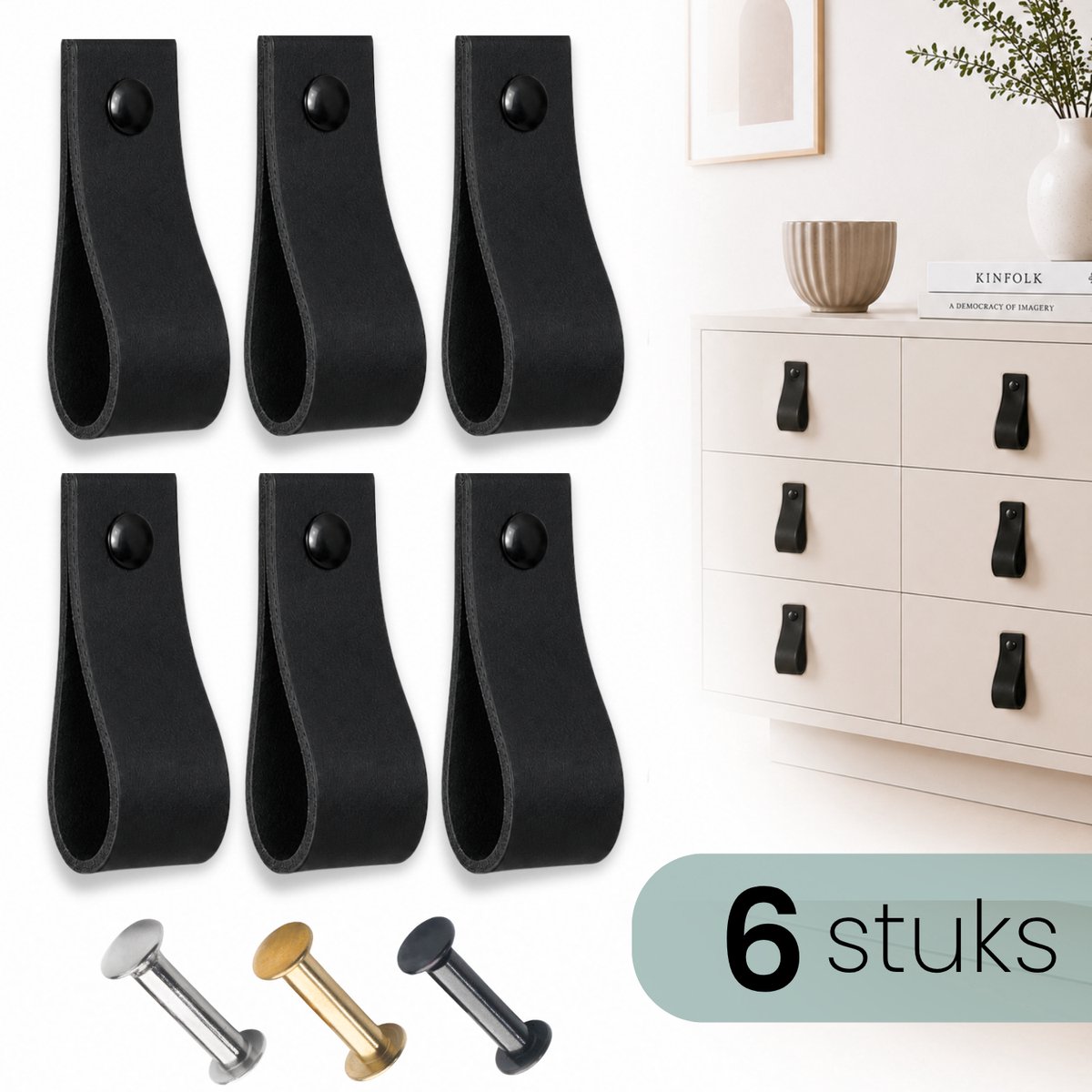 HOYA living - Leren lusjes - Zwart - 6 stuks - 3 kleuren schroeven - 100% leer