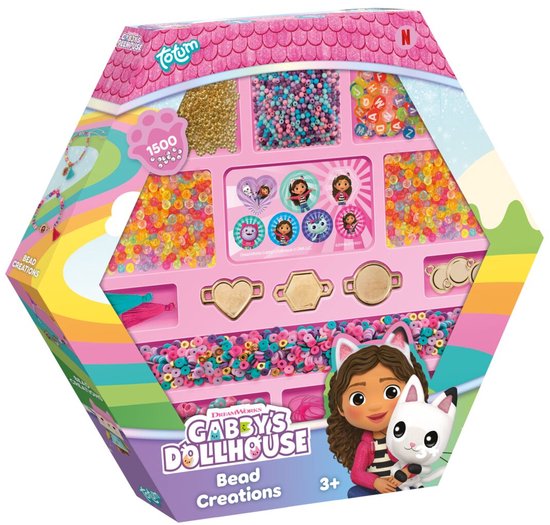 Gabby's Poppenhuis kralenset in een hexagonvormig huisje met veel bakjes vol gekleurde kralen, letterkralen en bedeltjes.