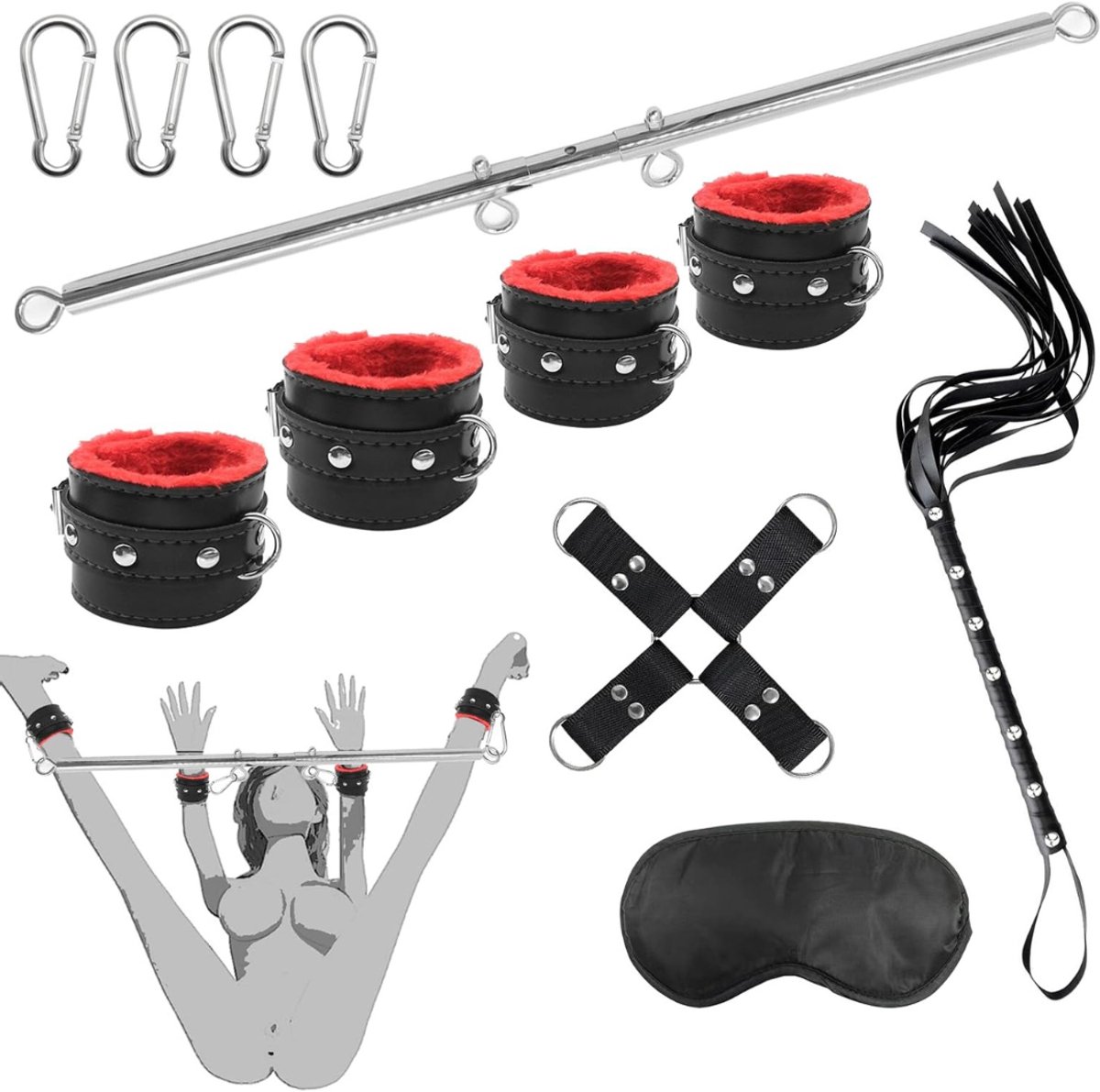 QUOVO® BDSM Extreme - Sex Toys voor Koppels - 8 Stuks - Seksspeeltjes voor Koppel - Zweepje Seks - Shibari Touw – Bondagesets - Sexspeeltjes voor Koppels - Couple Games – Bondagesets – Boeienset, Handboeien, etc - Zwart