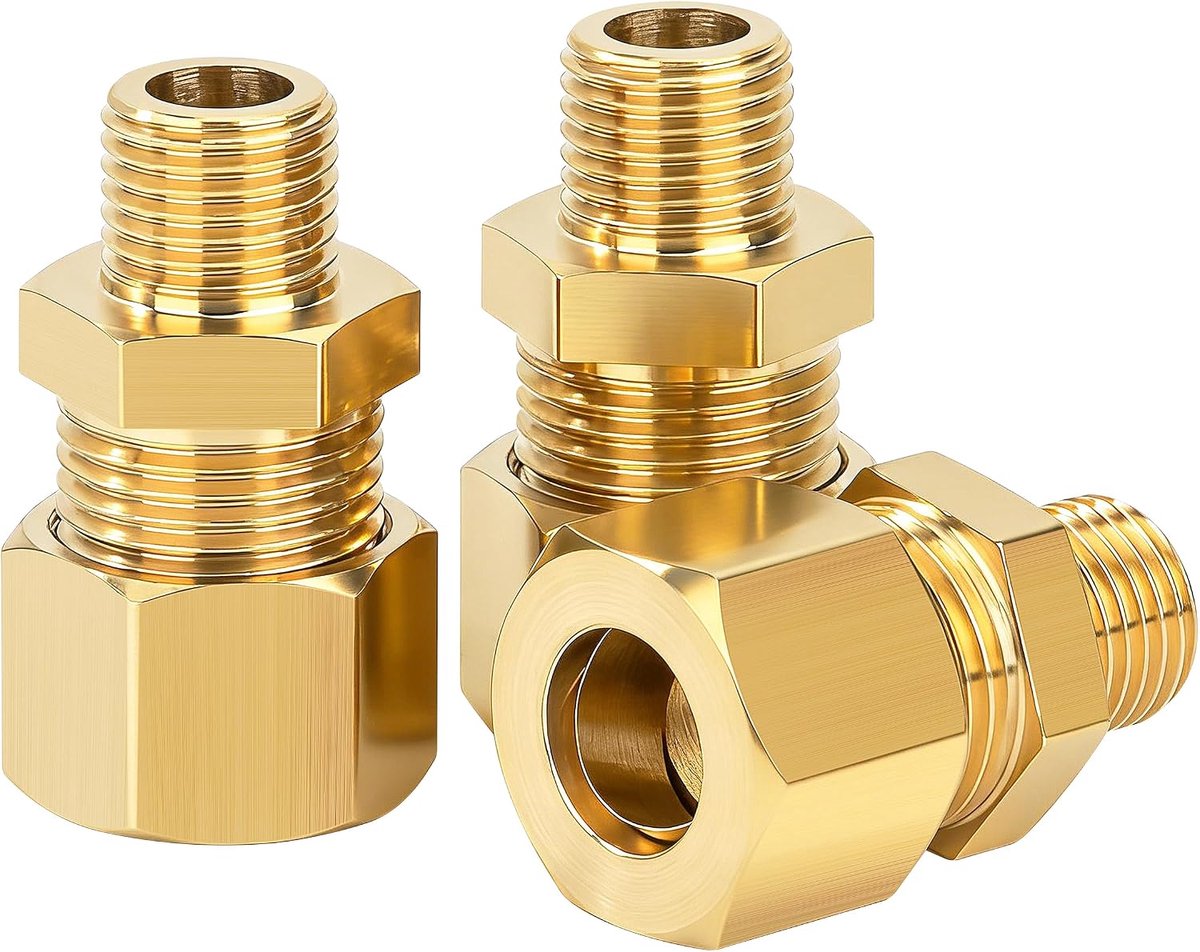 Messing compressieaansluiting Ø buiten 10 mm x 1/2 inch mannelijk, rechte dubbele ring aansluiting voor water, lucht - ShopVlot