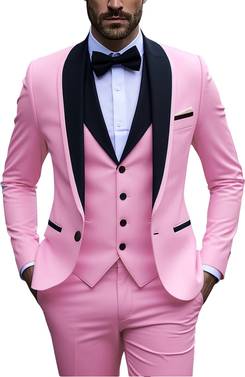 Currero 3 Delig Herenpak Met Overhemd Suit 2 Delig Tailored Fit Kostuum Business Pak Trouwpak Smoking Tuxedo Stijl Bruiloft Kantoor & Feest Roze