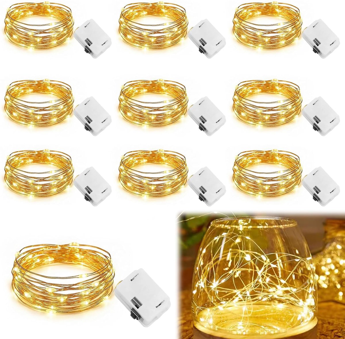 Set of 10 Mini LED Fairy Lights, Battery-Operated, 2 m, 20 LEDs, Fairy Lights for Indoor and Outdoor Use, 3 Modes for - ShopVlot