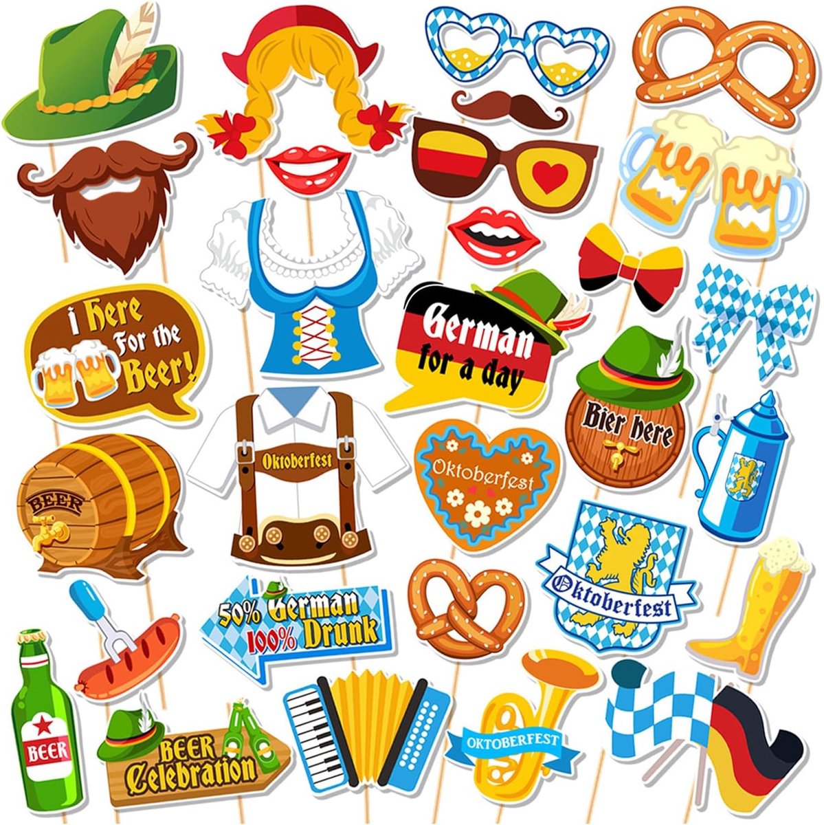 30 stuks Oktoberfest fotoprops set, grappige fotobooth motieven met biervat, pretzel, worst, incl. kleefpunten - ShopVlot