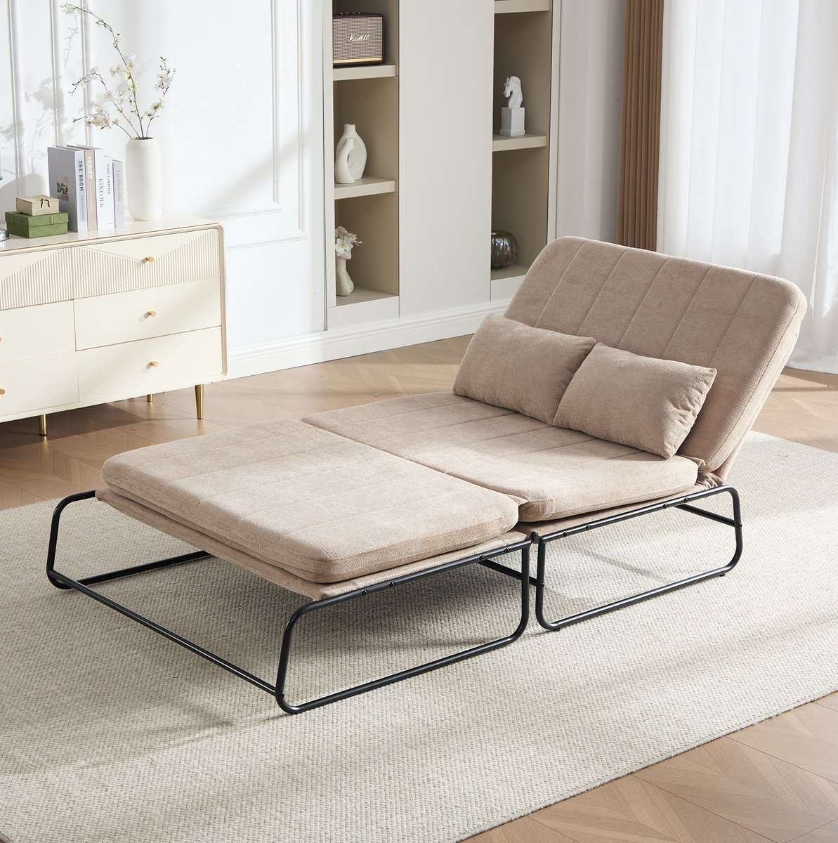 STILVORA Slaapbank 2-Zits 104 Cm Opvouwbaar Met Bedfunctie En Zijvakken Voor Woonkamer Thuiswerkplek Metalen Frame Chenille Khaki