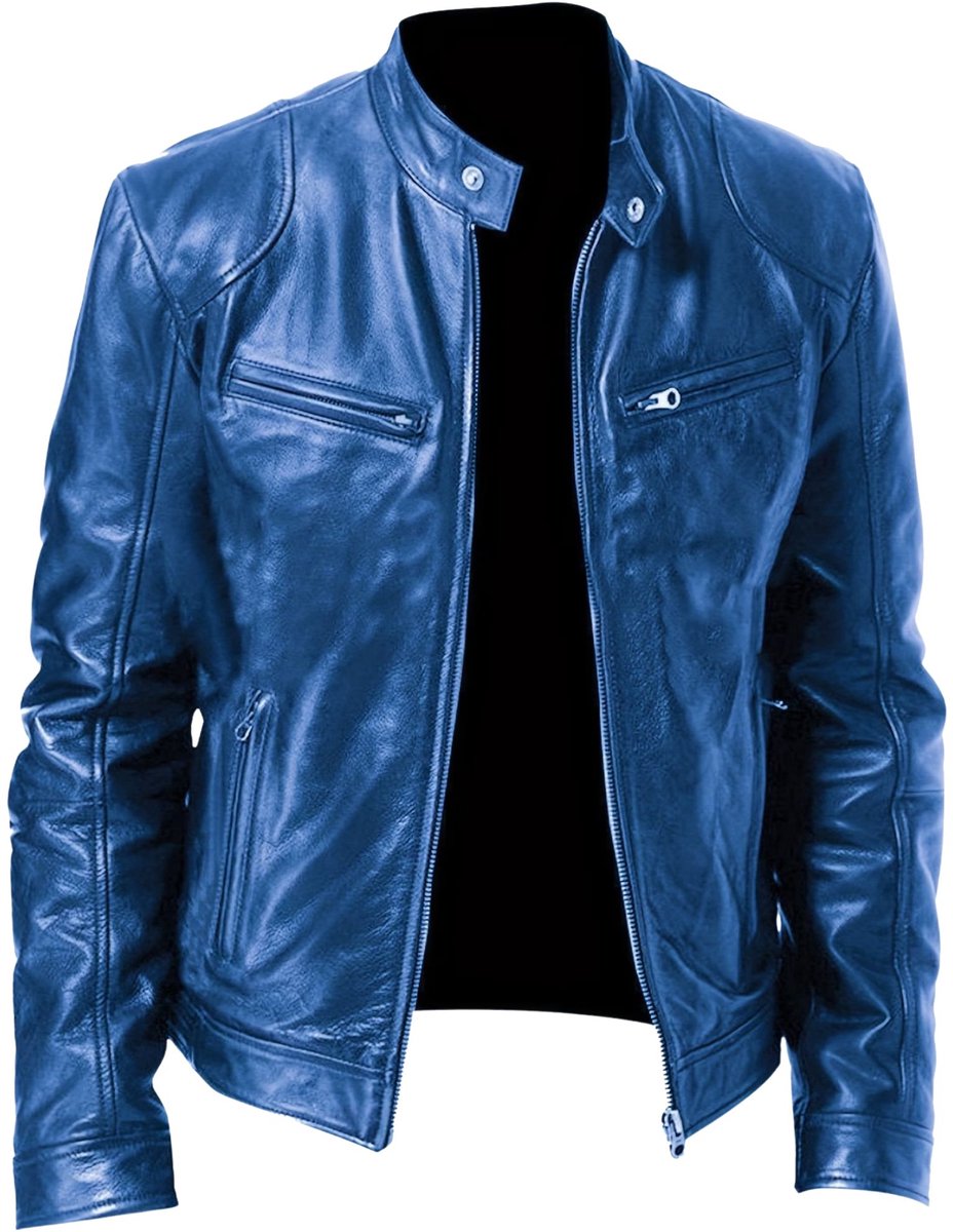 Currero Kunst Leren Jas Leather Jacket Lederen Jas Bomberjack Pilotenjack Blazer Biker Motorjas Motormuis Heren Koningsblauw