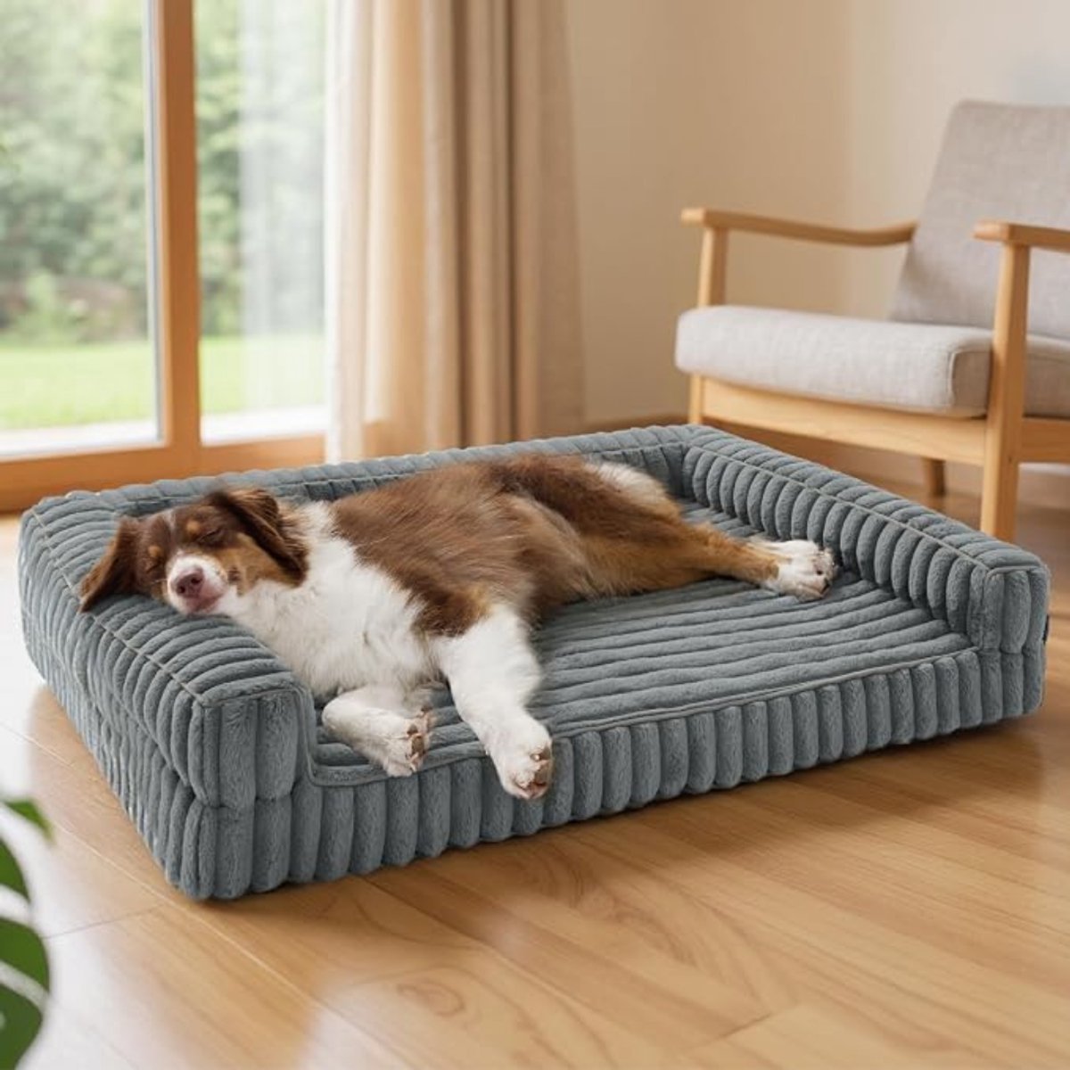 Verte Hondenmand - Orthopedisch Hondenbed - Hondensofa met Traagschuim en Opstaande Rand - Waterdicht - Antislip - Wasbaar - Afneembare Hoes - Corduroy - Grijs - 89 x 64 x 18 CM - Groot