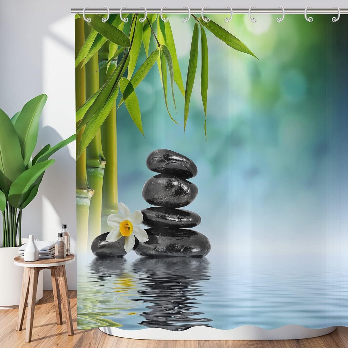 Zen Garden shower curtain 180x200,Spa Green Bamboo Black stone White Flower Bathroom Curtains Japanese Meditation - ShopVlot