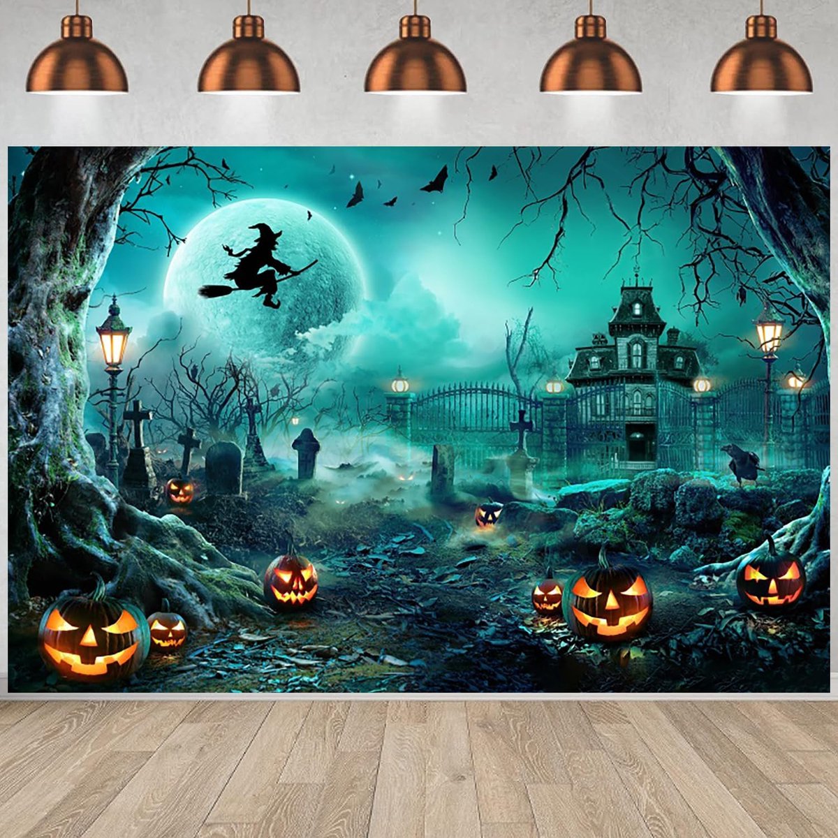 8x6FT Halloween Background Halloween Picture Horror Moon Night Scary Castle Cemetery Pumpkin Lantern Photography - ShopVlot