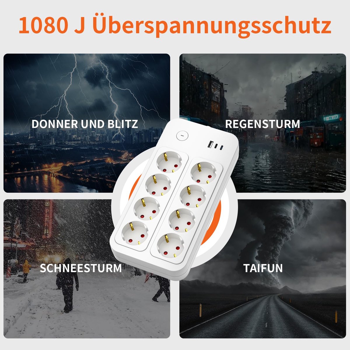 Stekkerdoos 8-voudig met USB-C 5 m - veilig met kinderbeveiliging - meervoudige stekkerdoos met schakelaar - ShopVlot
