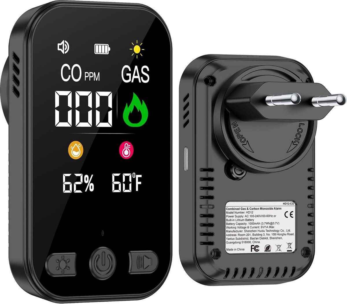Gas- en koolmonoxidemelder - met stekker - zwart - continue monitoring voor uw veiligheid - ShopVlot