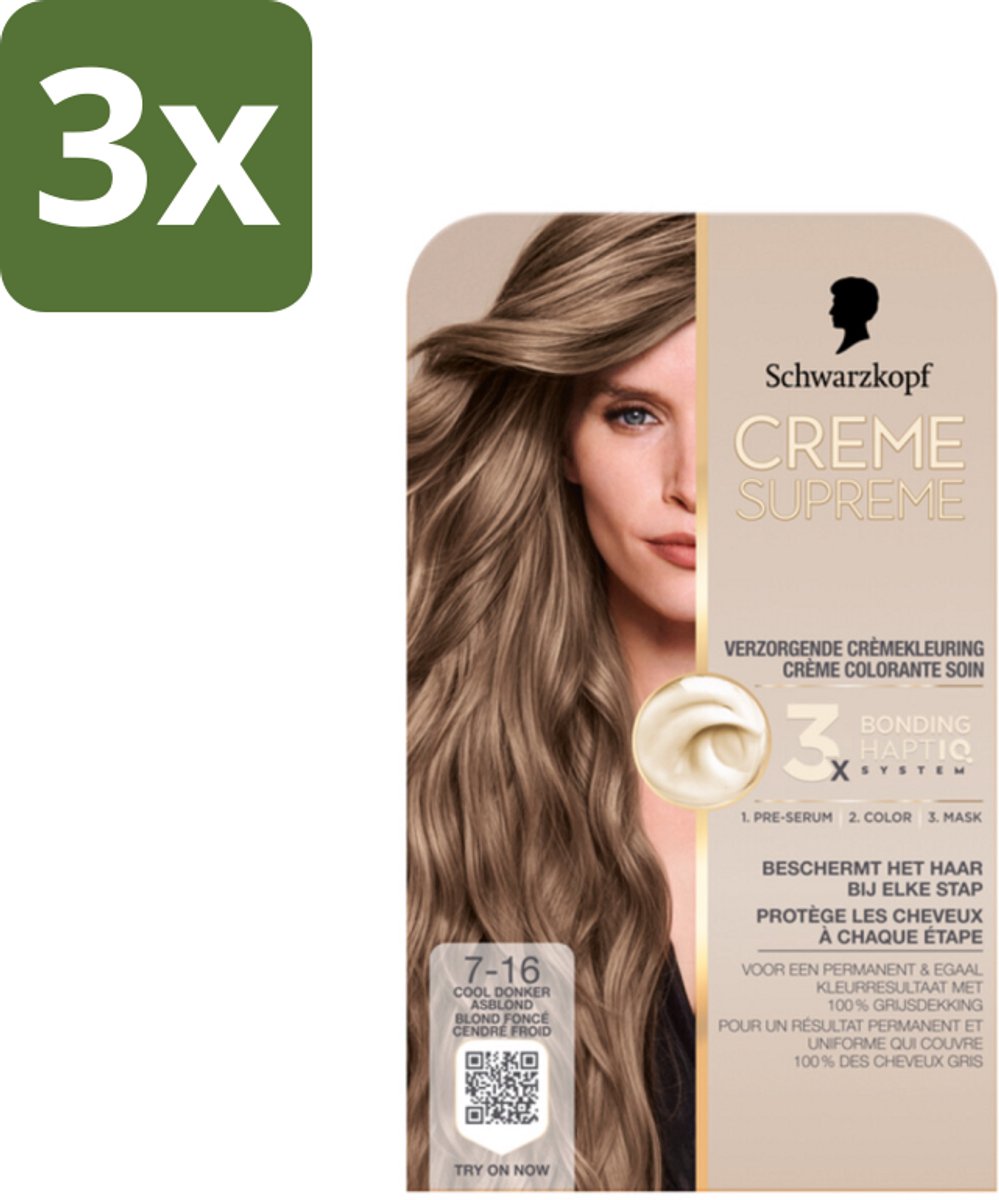 Schwarzkopf - Haarkleuring - Creme Supreme 7-16 - Cool Donker Asblond - 245g - Bulkverpakking - 3 stuks