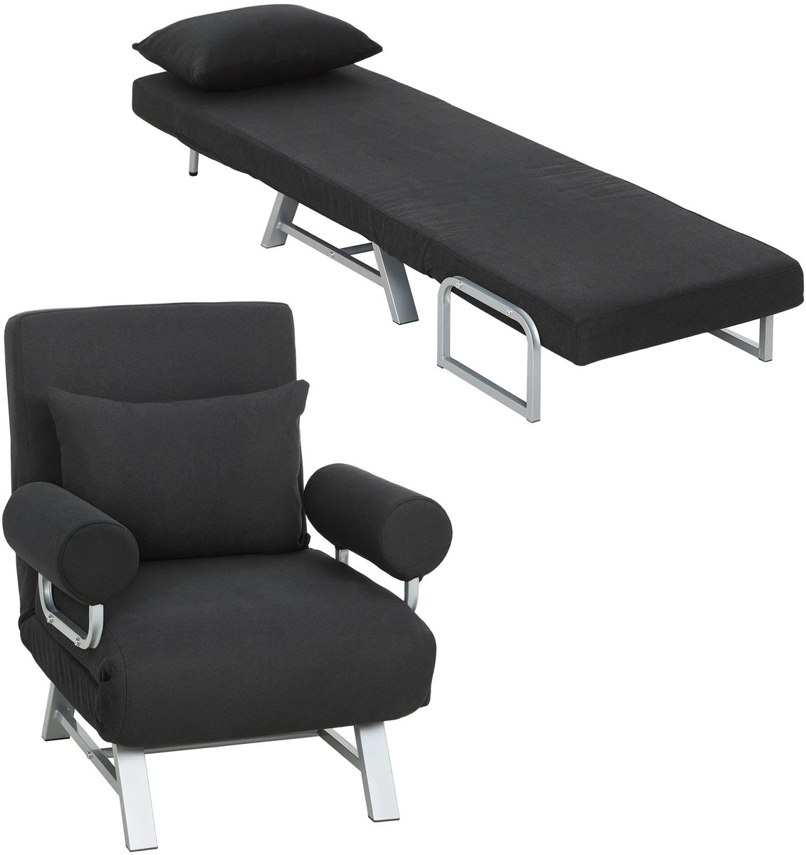 ITRONIQ Slaapfauteuil 190 x 58 cm - Verstelbare Fauteuil 5 Standen - Opklapbaar Logeerbed Met Armleuningen & Kussen - Zwart