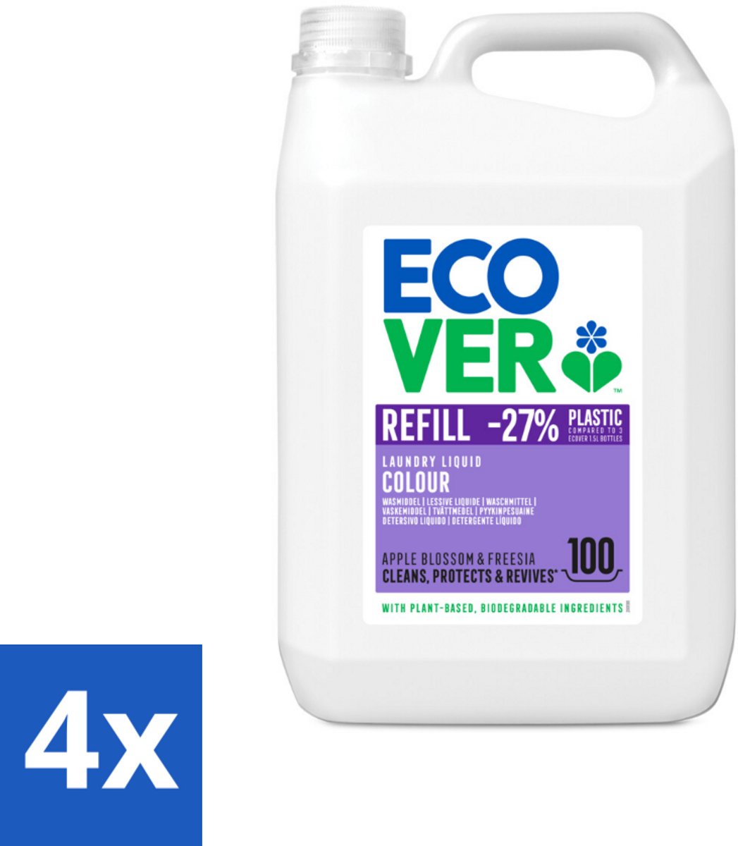 Ecover - Vloeibaar wasmiddel - Color - Appelbloesem & Freesia - 5 liter - 100 wasbeurten - Voordeelverpakking - 4 stuks
