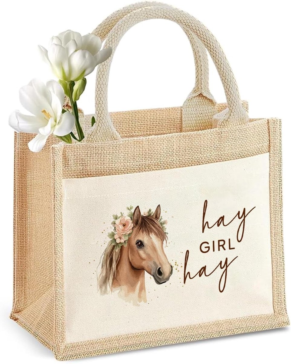 Paarden Jute Tas - Beige - 30 x 22 x 14 cm - Decoratieve Shopper voor Meisjes met Paardenmotief - Voor Paardenliefhebbers
