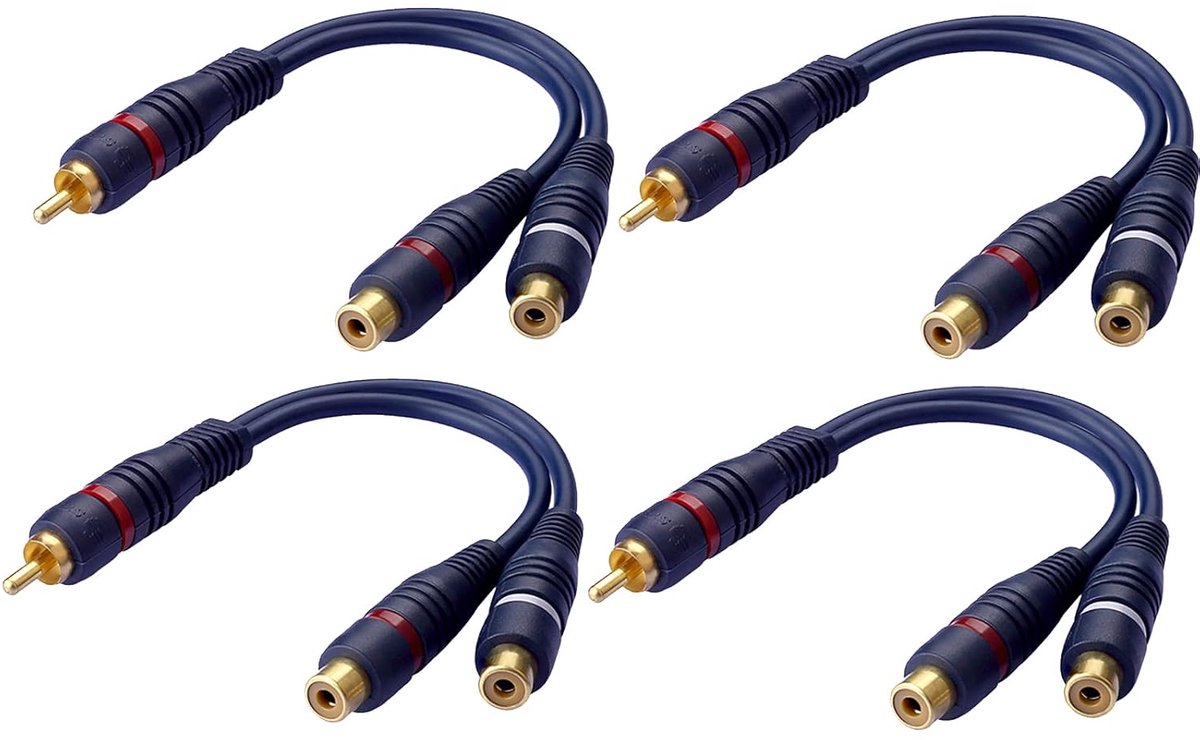 RCA audio kabel 15 cm - navy blue - 4x male naar dual female - ideaal voor stereo verbinding - ShopVlot