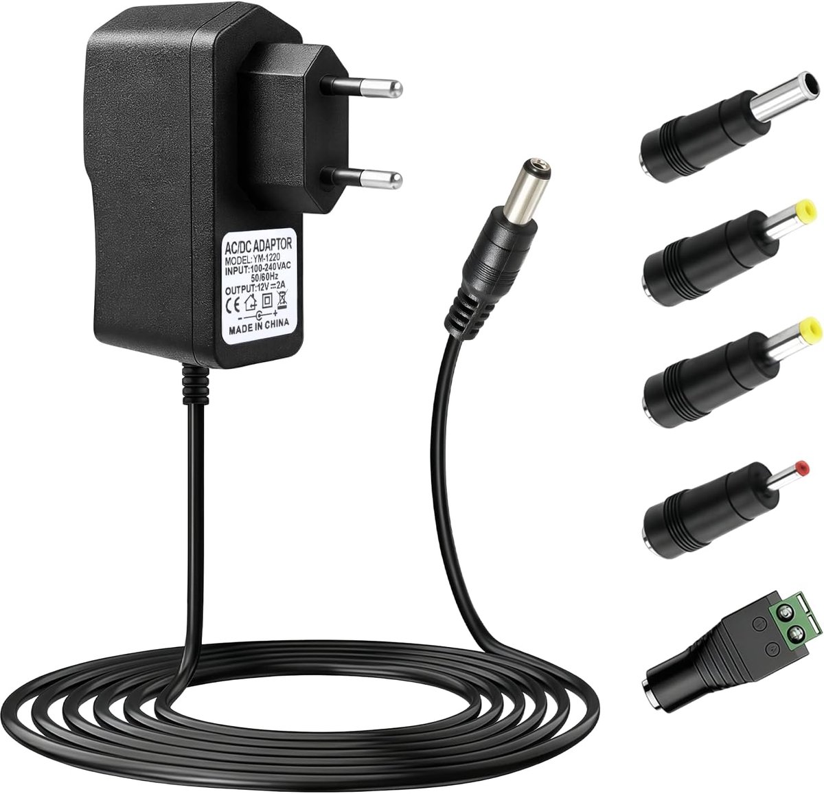 AC adapter 12 V 2 A - met 5 adapterkoppen - 2 m kabel - ideaal voor diverse apparaten - ShopVlot
