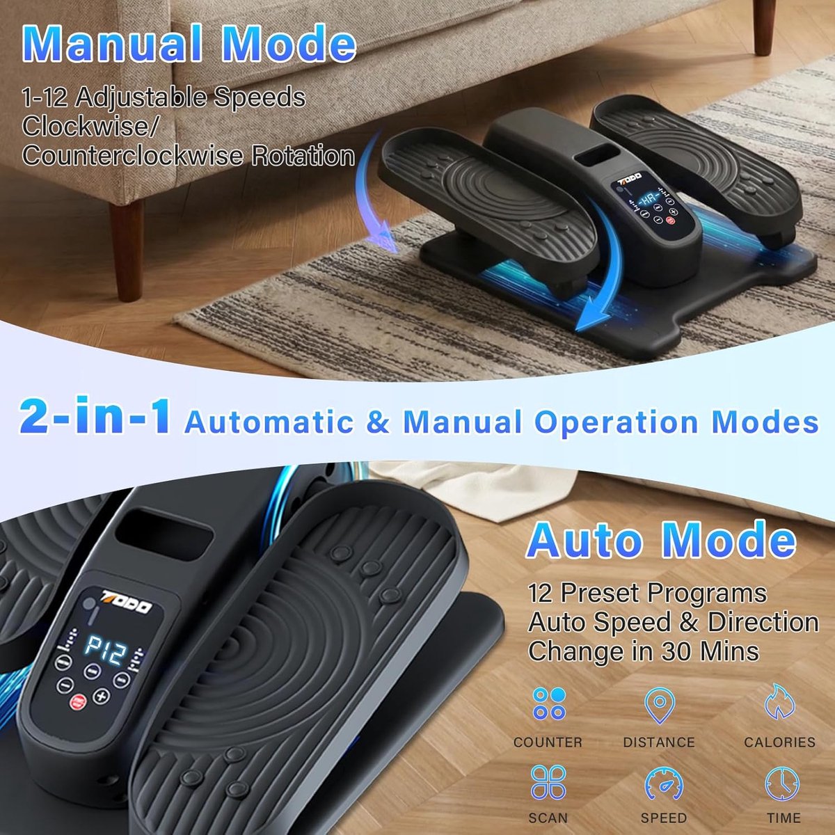 Elliptische trainer onder bureau - 12 snelheden - handmatige/automatische modus - ideaal voor senioren - ShopVlot