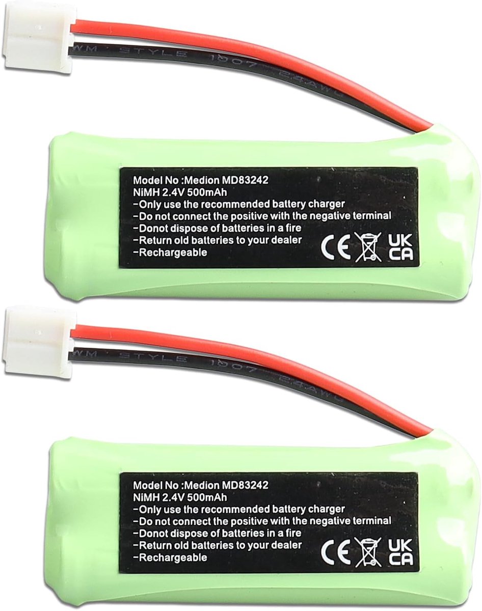 NI-MH batterij 2 x 500 mAh 2,4 V - compatibel met Medion vaste telefoon - duurzame stroomvoorziening - ShopVlot