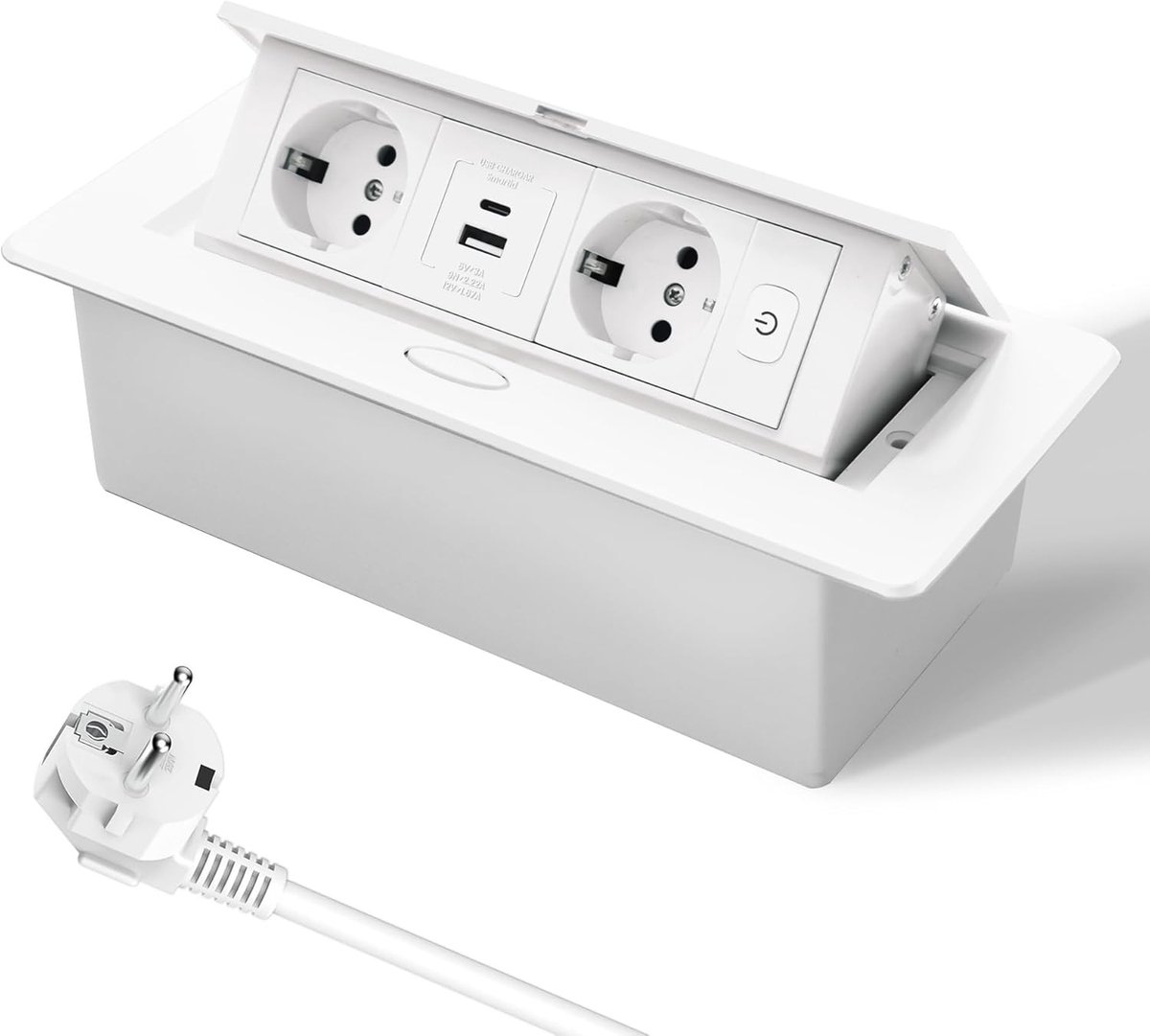 Intrekbaar Stopcontact - Wit - Inbouwstopcontact met USB-C Snellader en Schakelaar - Voor Keuken en Bureau