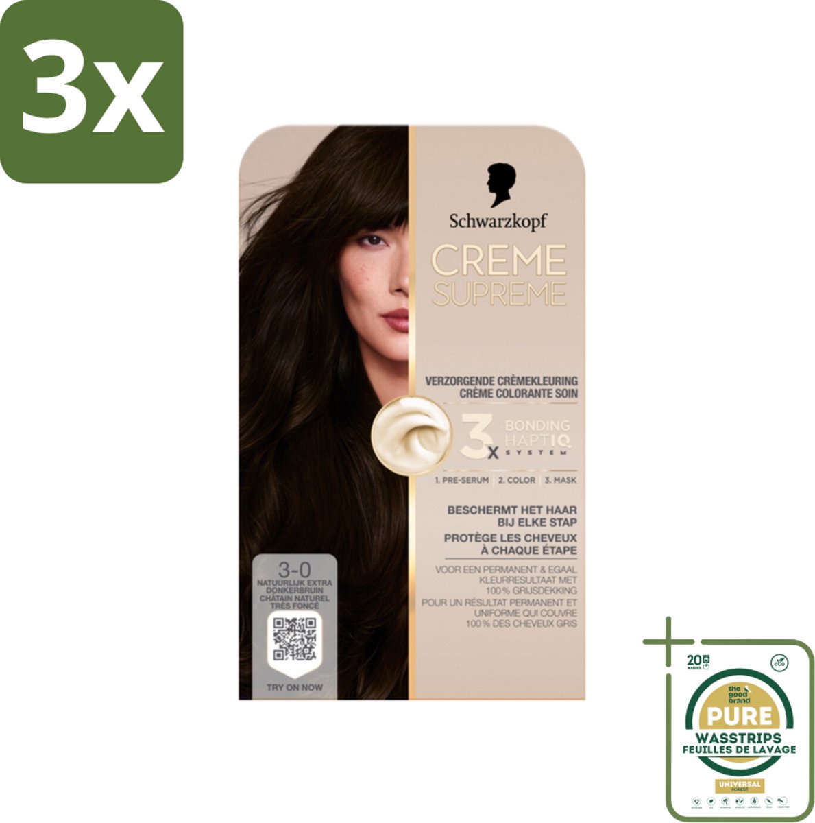 3 x Schwarzkopf - Haarkleuring - Creme Supreme 3-0 - Natuurlijk Extra Donkerbruin - 245g - Grootverpakking - Haarkleuring - Permanent Haarkleur - Donkerbruin Kleur - Haarverf - Haarverf 3-0