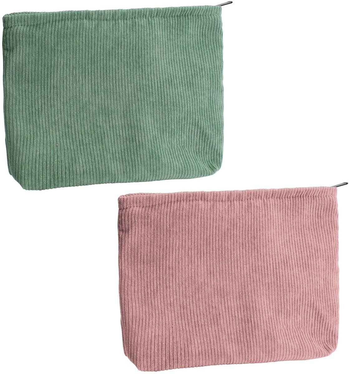 Make-uptas set van 2 - corduroy - roze en groen - draagbare toilettas voor cosmetica - ShopVlot