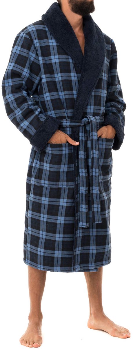 Famanu – Warme ochtendjas van katoen en fleece, blauwe plaid, comfortabel en perfect voor de koude ochtenden