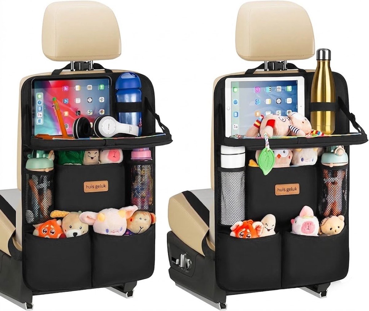 Huis Geluk Auto-organizer voor kinderen met klaptafel, tabletvak, waterdichte rugleuningbescherming, 2 stuks
