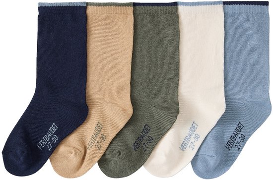 Set van 5 paar enkellange sokken in marineblauw, beige, kaki, gebroken wit en lichtblauw.