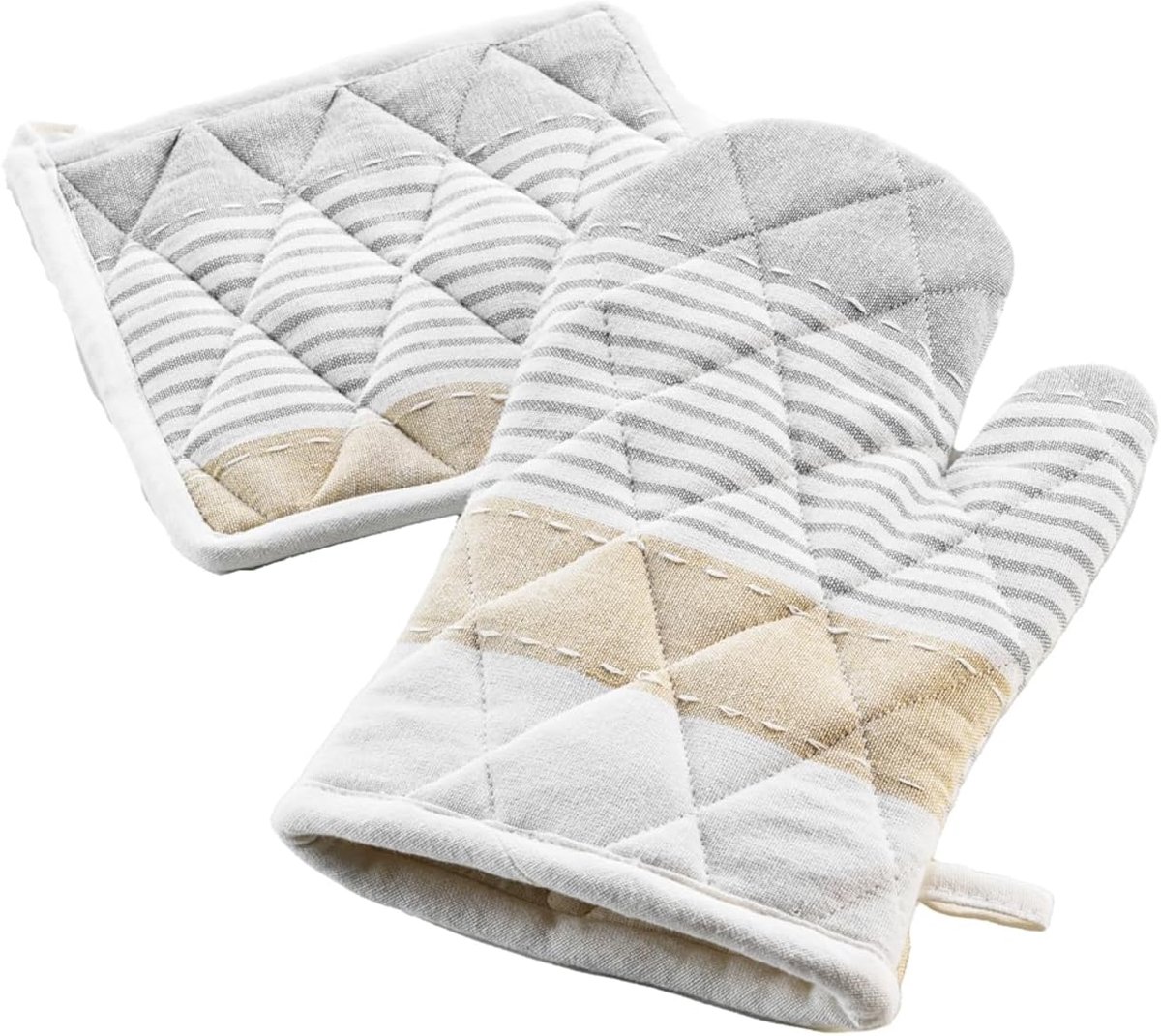 Baking glove en potholder beige gestreept - hittebestendig en antislip - veilig koken en bakken - ShopVlot