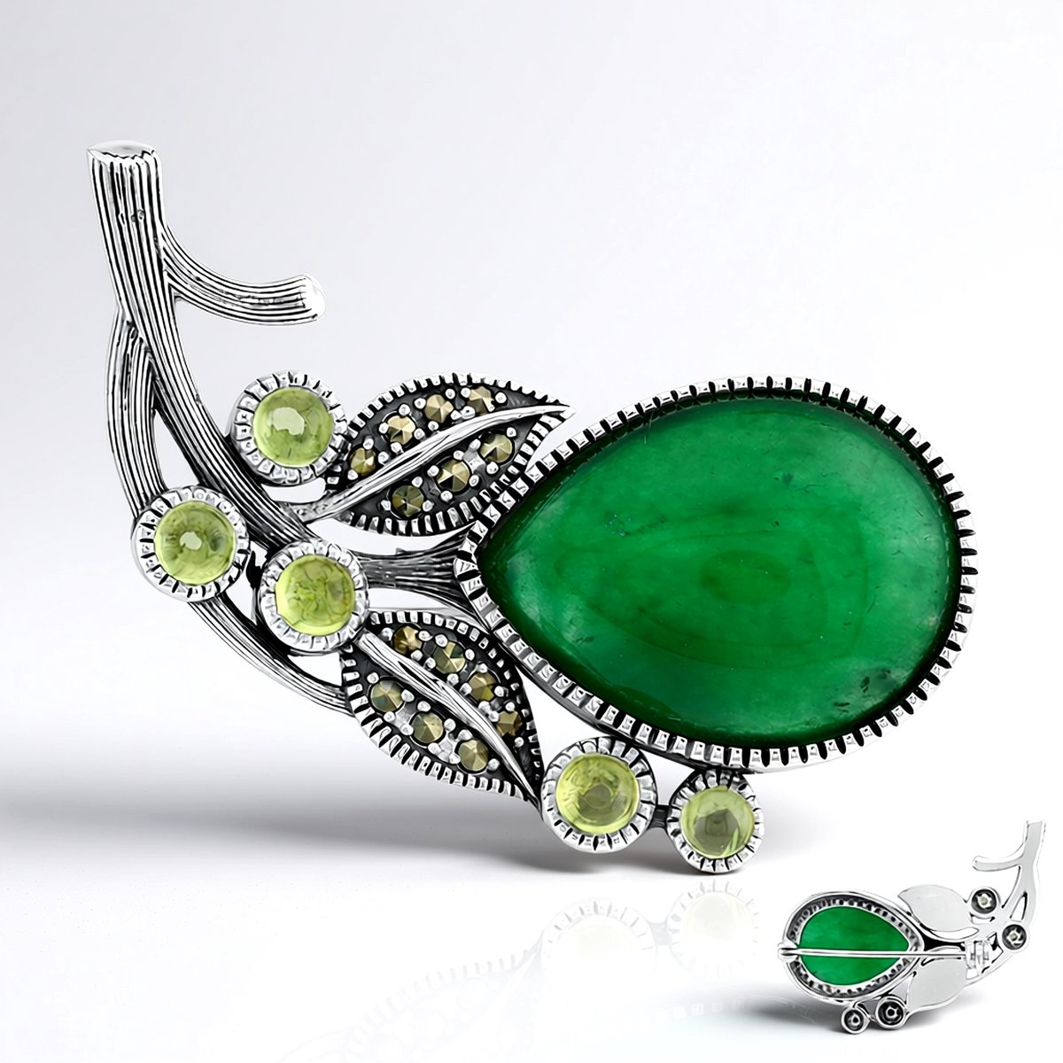 Cavill - Zilveren Broche - 925 Sterling Zilver - Groene Agaat 11,97 ct Peervorm - Peridoot & Markasiet - Antiek Elegant Design
