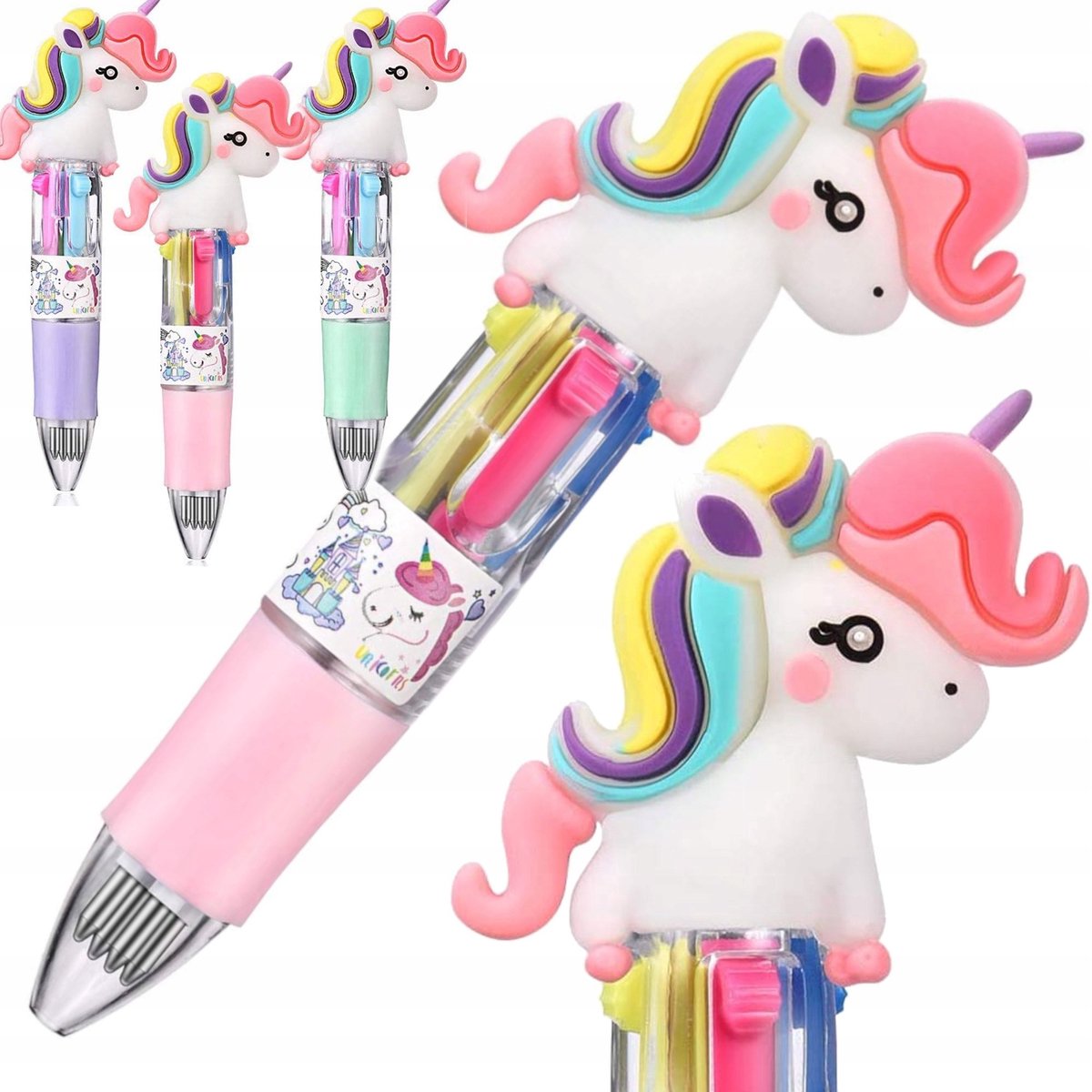 Merkloos 4-in-1 Mini Pen met Eenhoorn - 3 Stuks