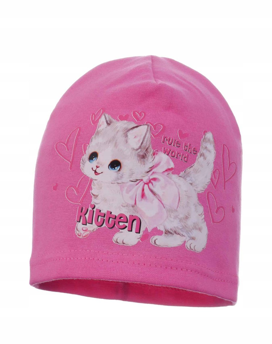 Meisjes katoenen mutsje katje 'Rule the World' roze maat 44/48