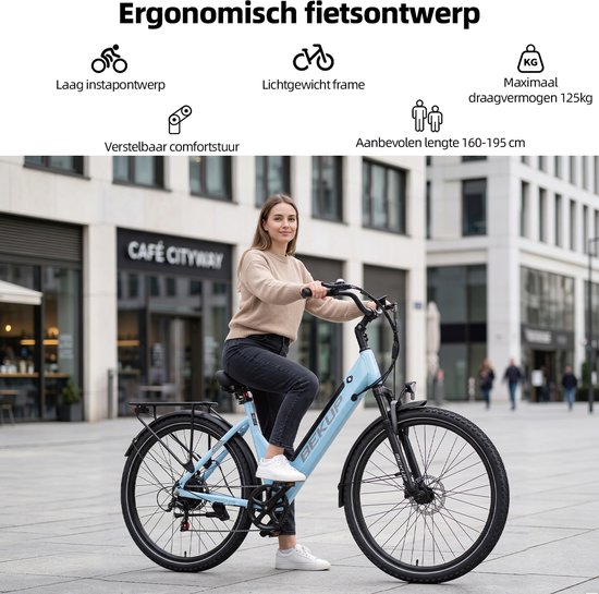 Elektrische Fiets 28 inch - 250W Achterwielmotor - 45Nm Koppel - 75 km Actieradius - Lage Instap Stadsfiets - Gletsjerblauw — afbeelding 4