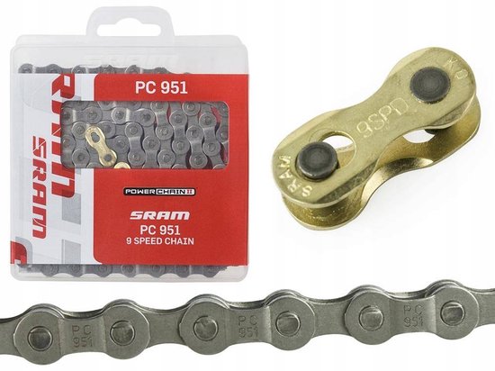 Sram PC 951 9-speed fietsketting in verpakking, met gouden PowerLink en losse schakel.
