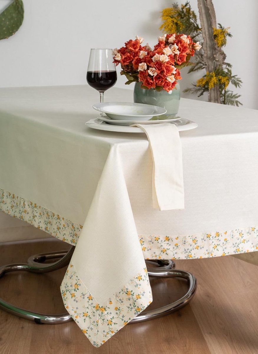 Tafellaken 160 x 160 cm - 100% katoen - beige rood - moderne uitstraling - ShopVlot