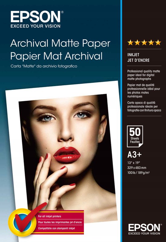Epson Archival Matte Paper A3+ vel van 189g met 50 vel, ideaal voor digitale matte foto's.