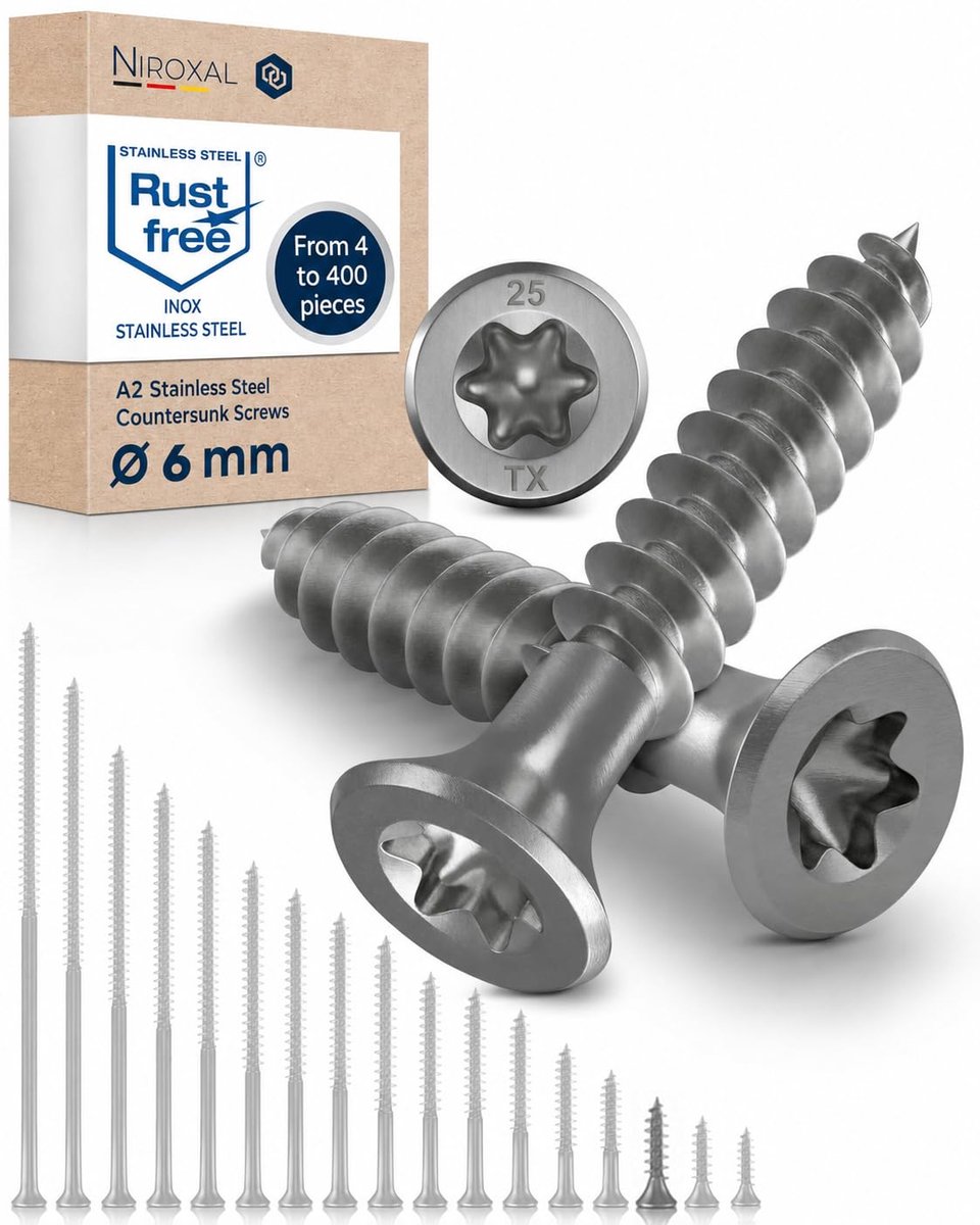 Torx houtschroeven 6x30mm - V2A roestvrij staal - 20mm gedeeltelijke schroefdraad - ideaal voor houtconstructie - ShopVlot