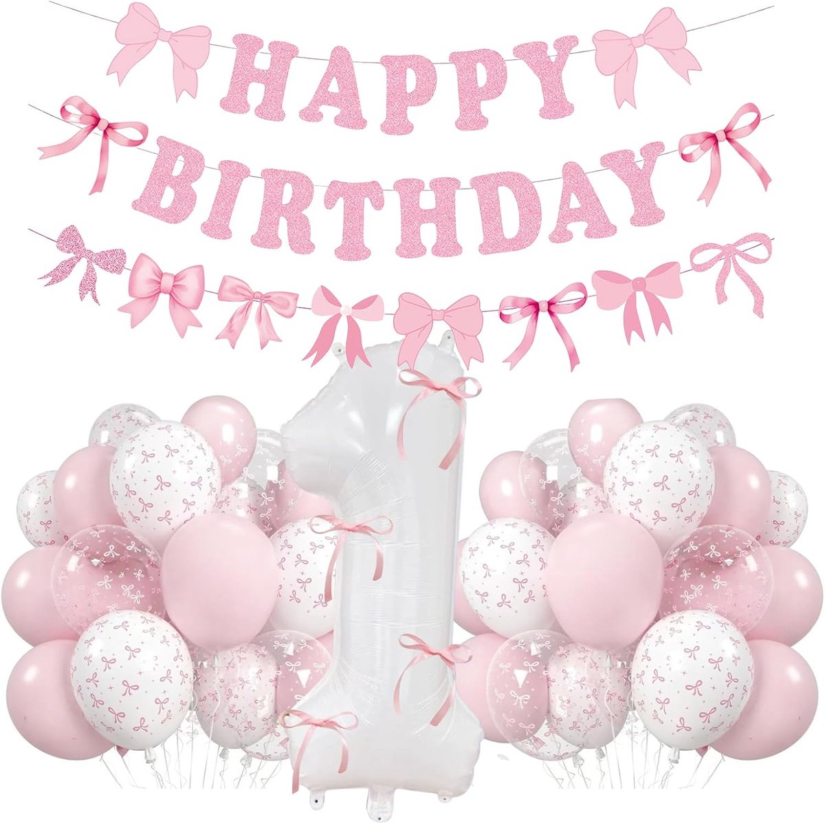 Verjaardagsdecoratie 1e verjaardag - 50 roze strikken en ballonnen - Happy Birthday slinger - Compleet feestpakket - ShopVlot