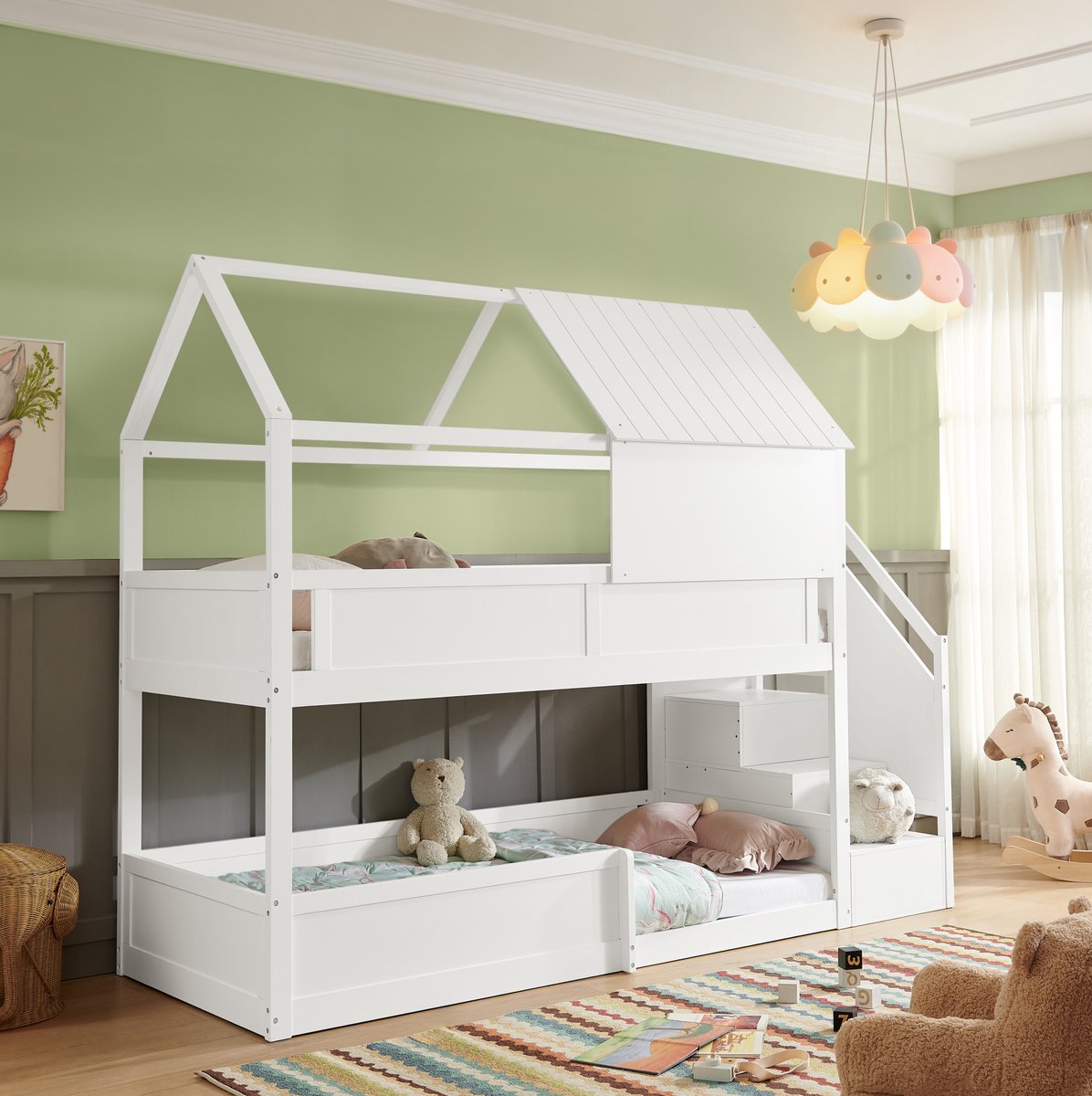 FloraGrace Stapelbed 80 x 200 cm - Kinderbed Met Trap En Veiligheidshekken - Huisvorm Met Dak - Hout - Wit - Zonder Matras